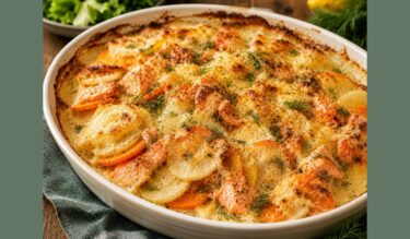 Gratin aux patates douces, saumon fumé et au céleri-rave