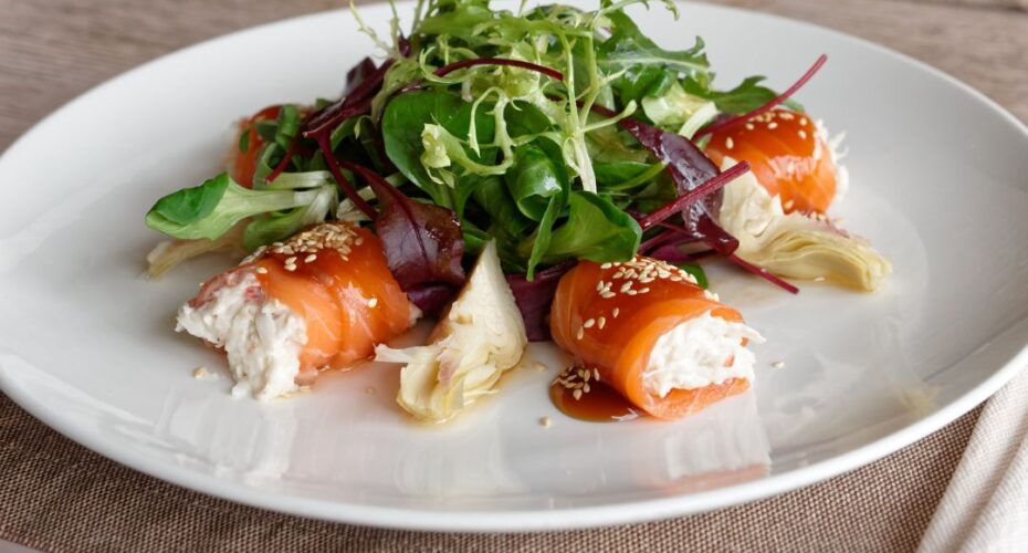 Recipe Burren Smokehouse Smoked Salmon and Crab Roulades with Walnut Vinaigrette