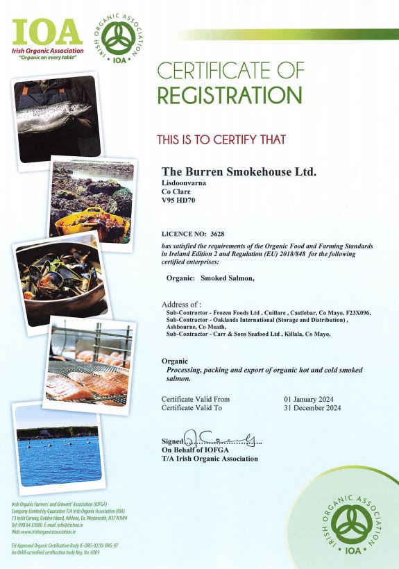 Organic Certificate by IOA for Burren Smokehouse