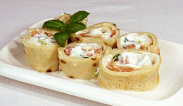 Pancake rolls with a cheese & Smoked Salmon filling