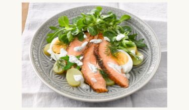 Salat mit Heißrauchlachs, Eiern & Kartoffeln und Sauerrahmdressing