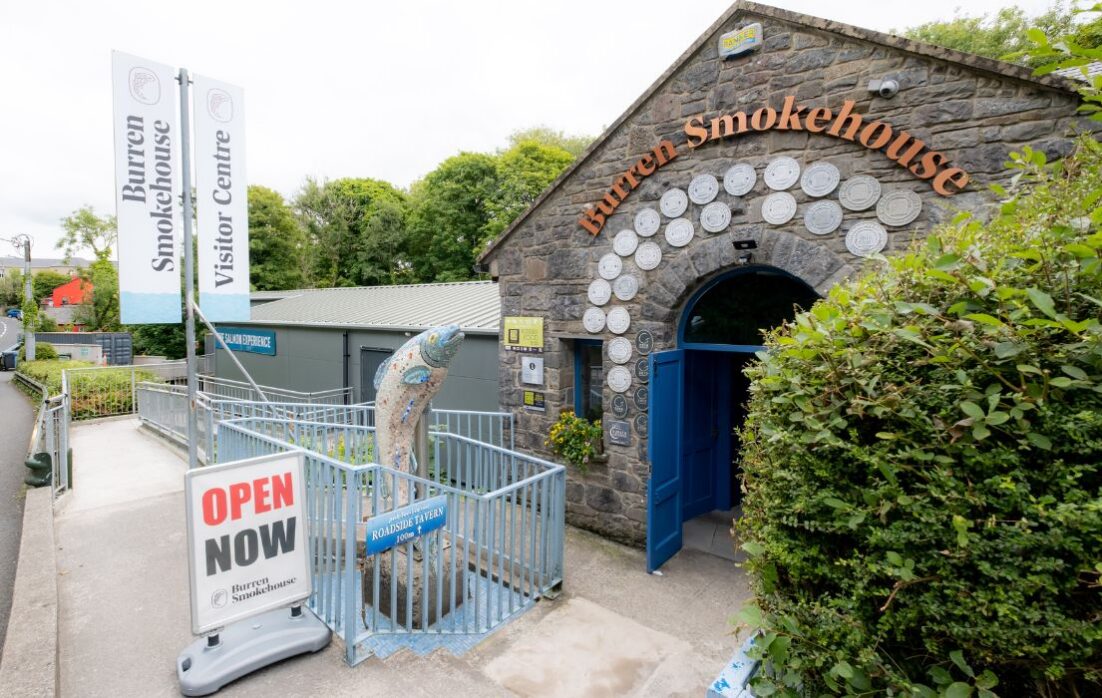 Burren Smokehouse Visitor centre entrance with Taste the Atlantic in Background