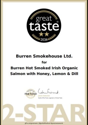 Burren Smokehouse Hot Smoked Irish Organic Salmon with Honey, Lemon, Dill won Great Taste Awards medal